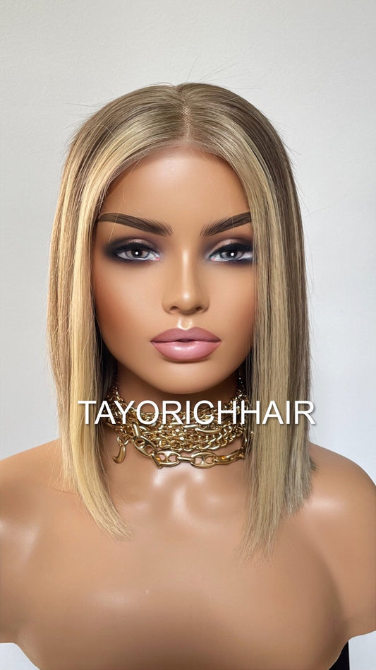 Dark Ash Wig With Blonde Highlights Balayage Bob Lace Front Human Hair Lace Wig For Women Daily Wear Money Piece Alopecia Wigs