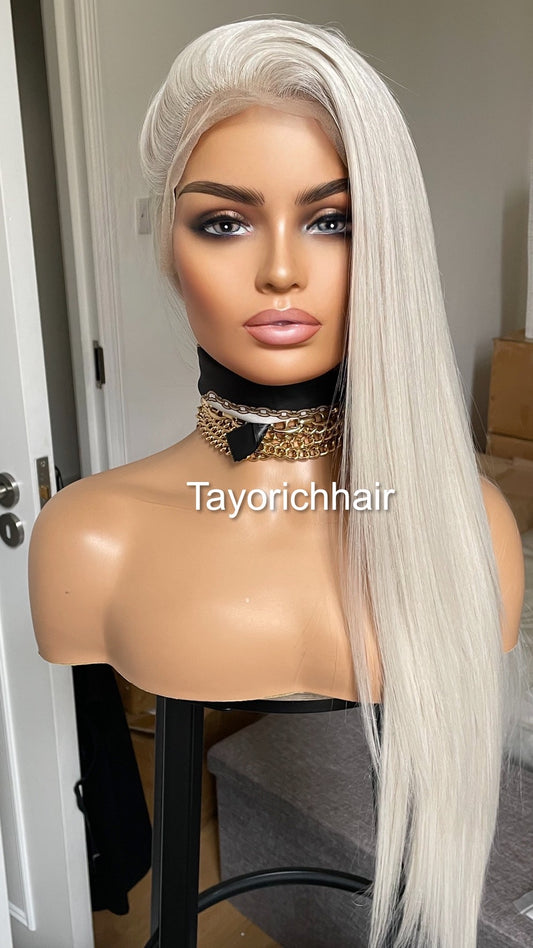 Ice Blonde Platinum Blonde Straight Synthetic Lace Wig/ Lace Front heat Resistant Luxury Synthetic Wig /13x4 Ash White Free Part Wigs