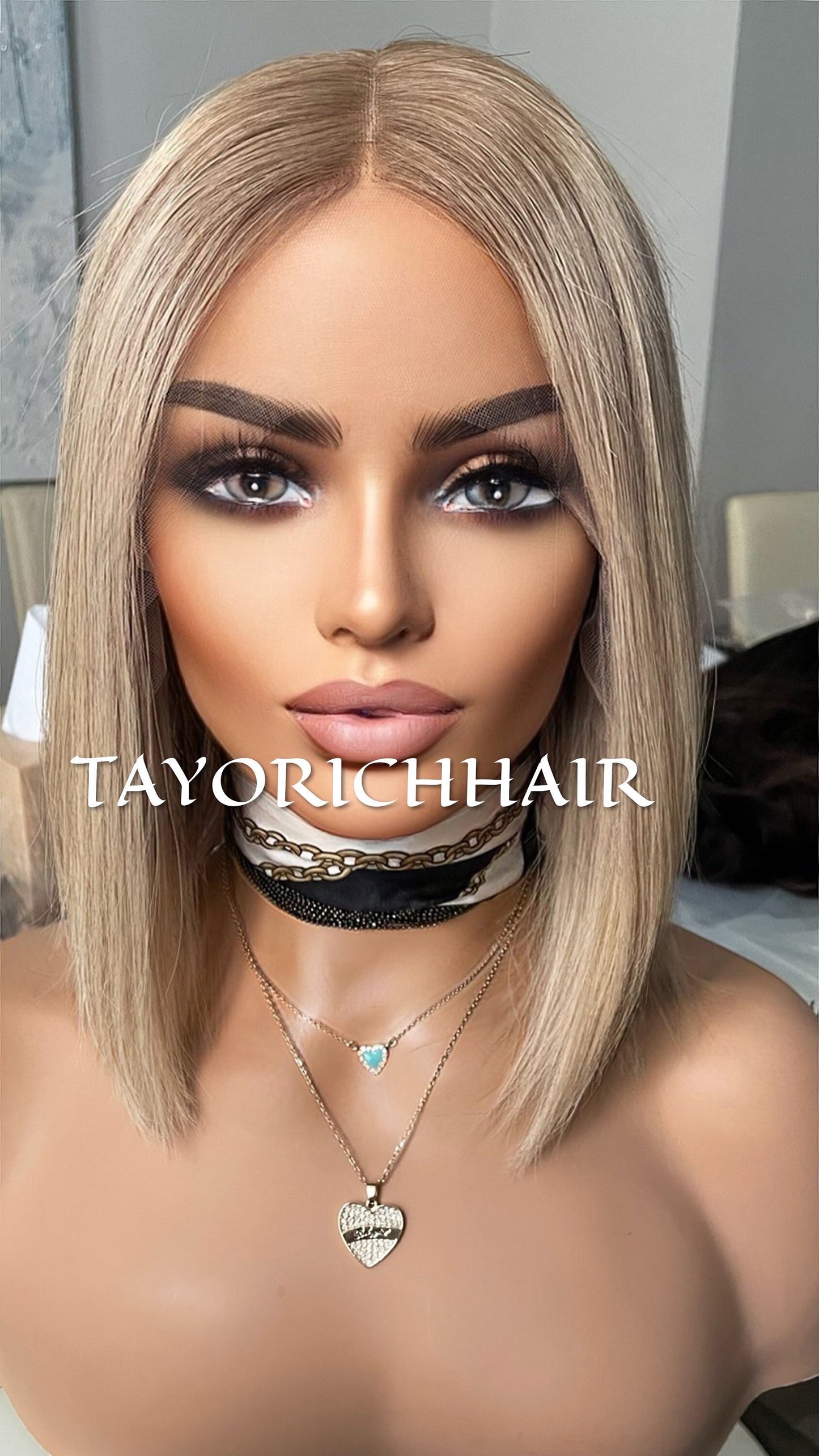 Bob Real Hair Wig/ Ash Blonde Front  Top Wig With Dark Brown Roots/ European Hair Wig