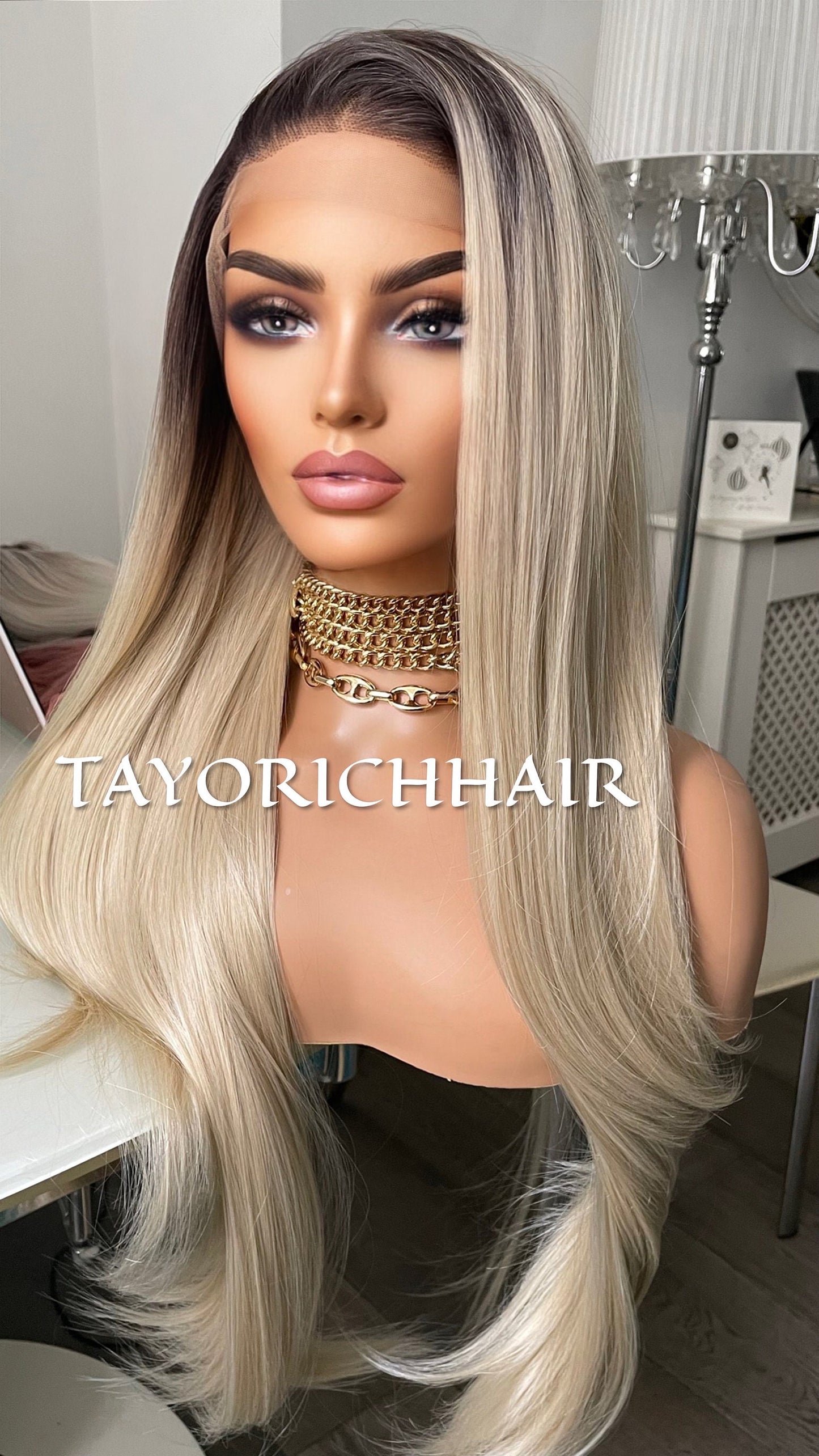 Ombre Blonde Lace Wig 26 Inches/ Sun kissed Blonde/Pre-Plucked Hairline/13x3 Swiss Lace Front,Heat Resistant Synthetic Wig