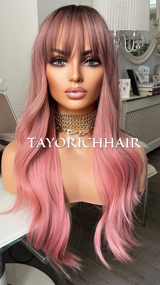 Ombré Pink Wavy Wig With Bangs Fringe Dark Roots/ Glueless Wig/ Beginner Friendly Wig/ Pink Cosplay Wig /TAYORICHHAIR/ Pink Women Wigs