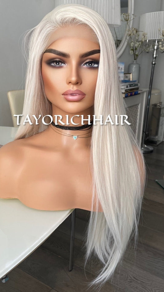 White Ice Blonde Lace Wig/Premium Heat Resistant Synthetic Wig/Middle Part Scandinavian Blonde Off White Natural Straight 24 Inches/Posh Wig