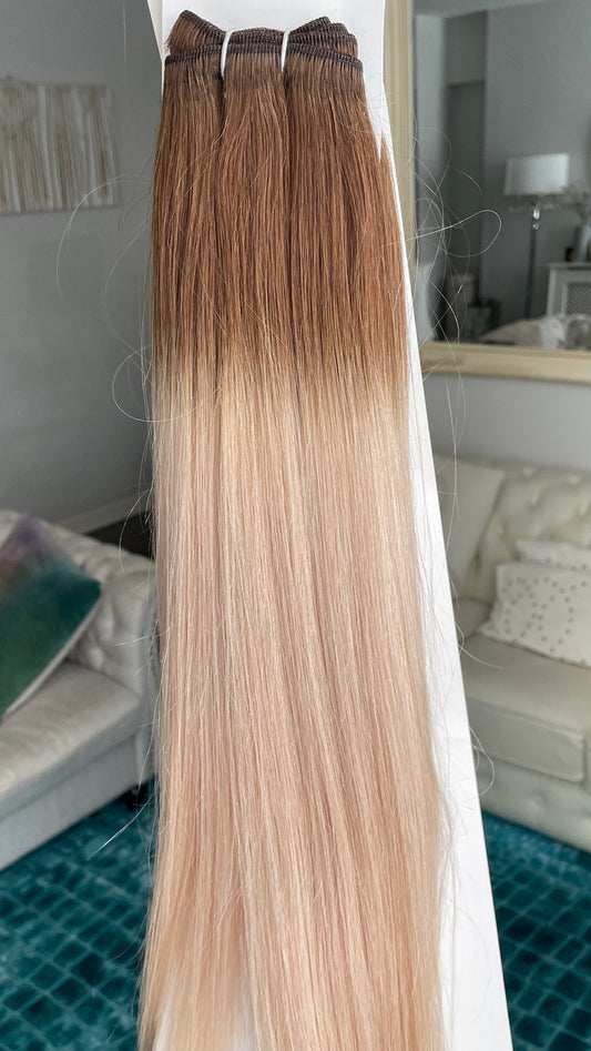Ombre Blonde Weft Hair Extensions/ Deep Brown Roots With Ash Blonde Ends/ 2 Bundles Staight Brazilian Human Hair Extensions/ Soft Straight
