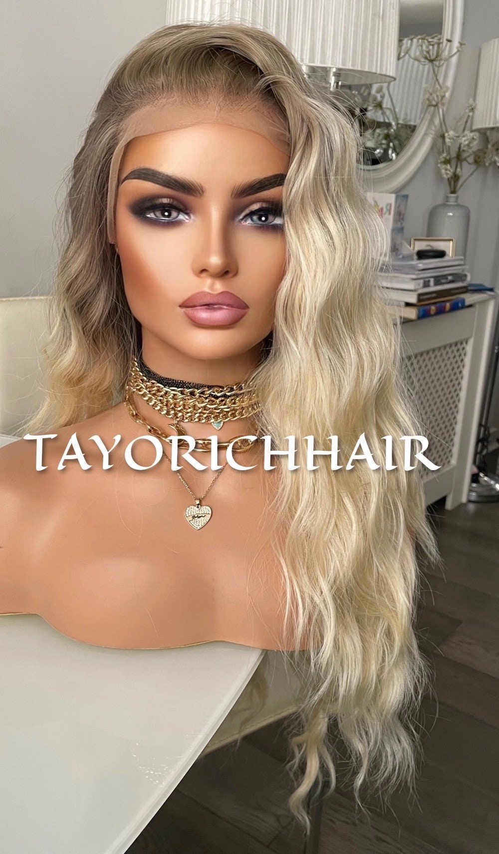 Ombre Platinum Blonde Hair Wig/Golden Platinum Blonde Wig/ Heat Safe Synthetic/ Soft Wavy Blonde Hair/ Wigs For Alopecia/ Hairloss Wigs