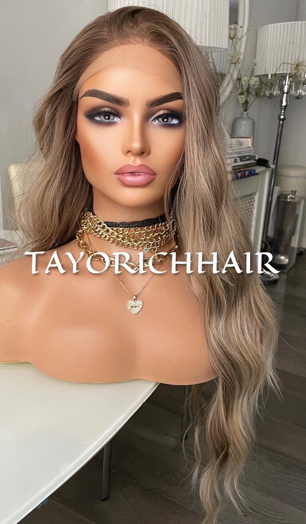 Ombre Dark Ash Blonde Lace Front Synthetic Wig/ Long Ash Ocean Wavy Lace Wig/ Heat Safe Synthetic Wig/ Daily Wear Wig For Ladies