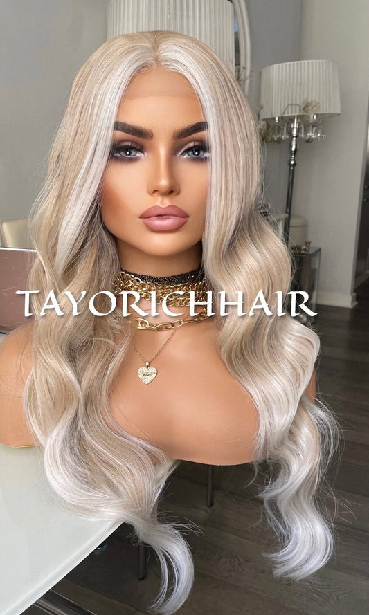 Pearl Blonde Lace Front Wig/Mixed Blonde Heat Safe Synthetic Wig/Ocean Wave Money Piece Lace Wig For Women/Alopecia Hairloss Wig/ White Hair
