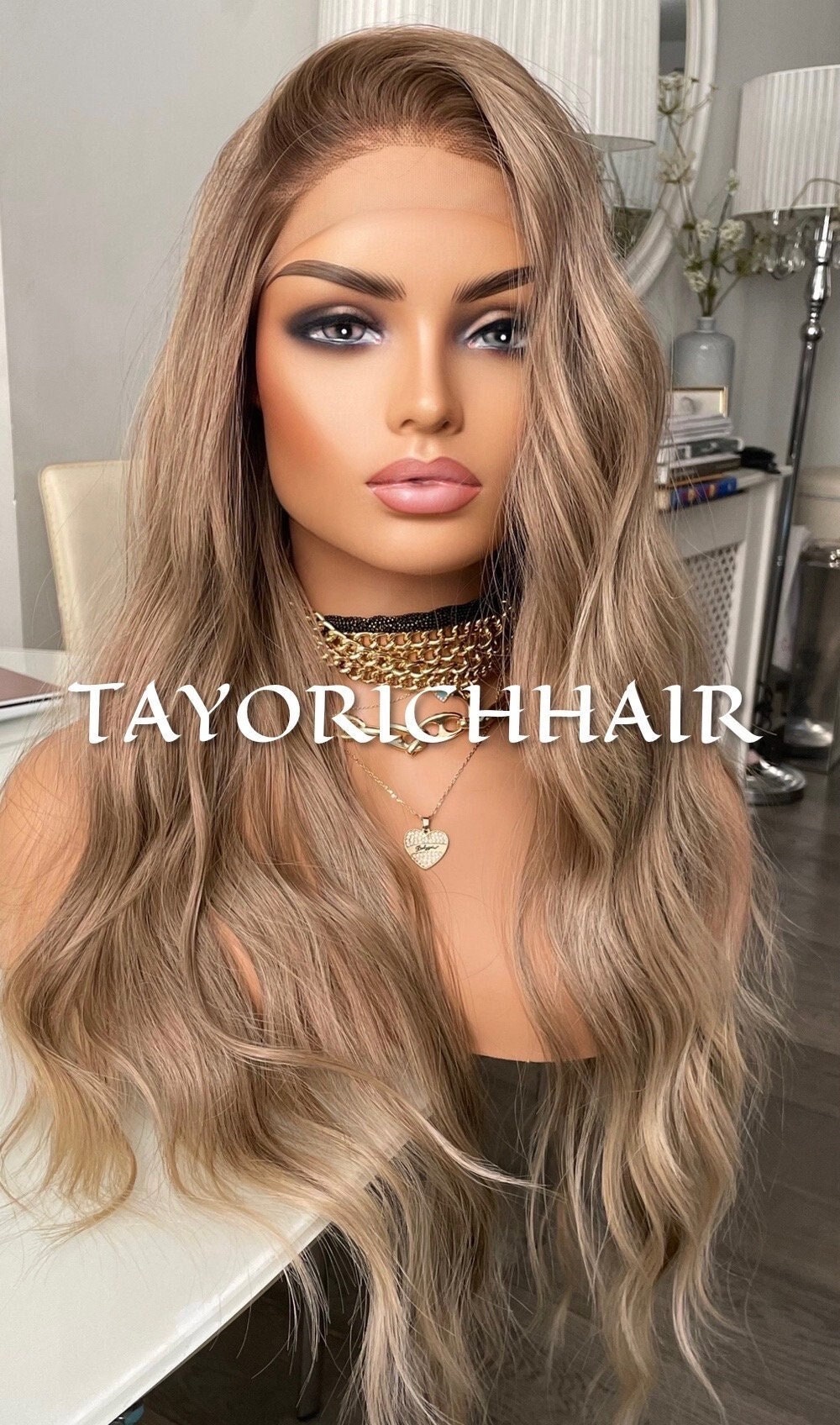 Ombre Dark Ash Blonde Lace Front Synthetic Wig/ Long Ash Ocean Wavy Lace Wig/ Heat Safe Synthetic Wig/ Daily Wear Wig For Ladies