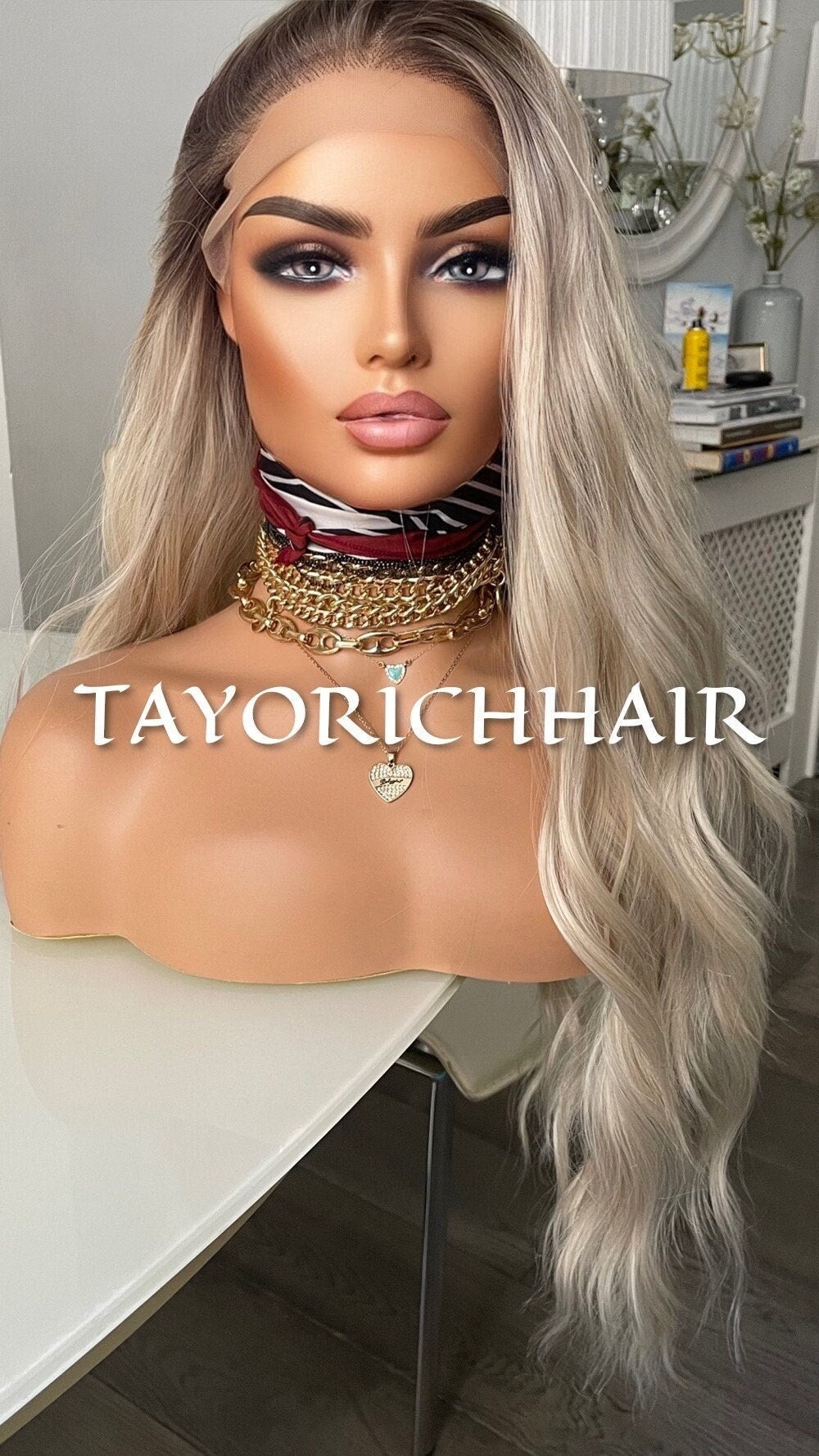 Ombre Cool Blonde Lace Front Wig, Pearl Platinum Blonde Wig With Dark Brown Roots/ Long Soft Wavy Hair/ Heat Resistant Synthetic Lace Wigs