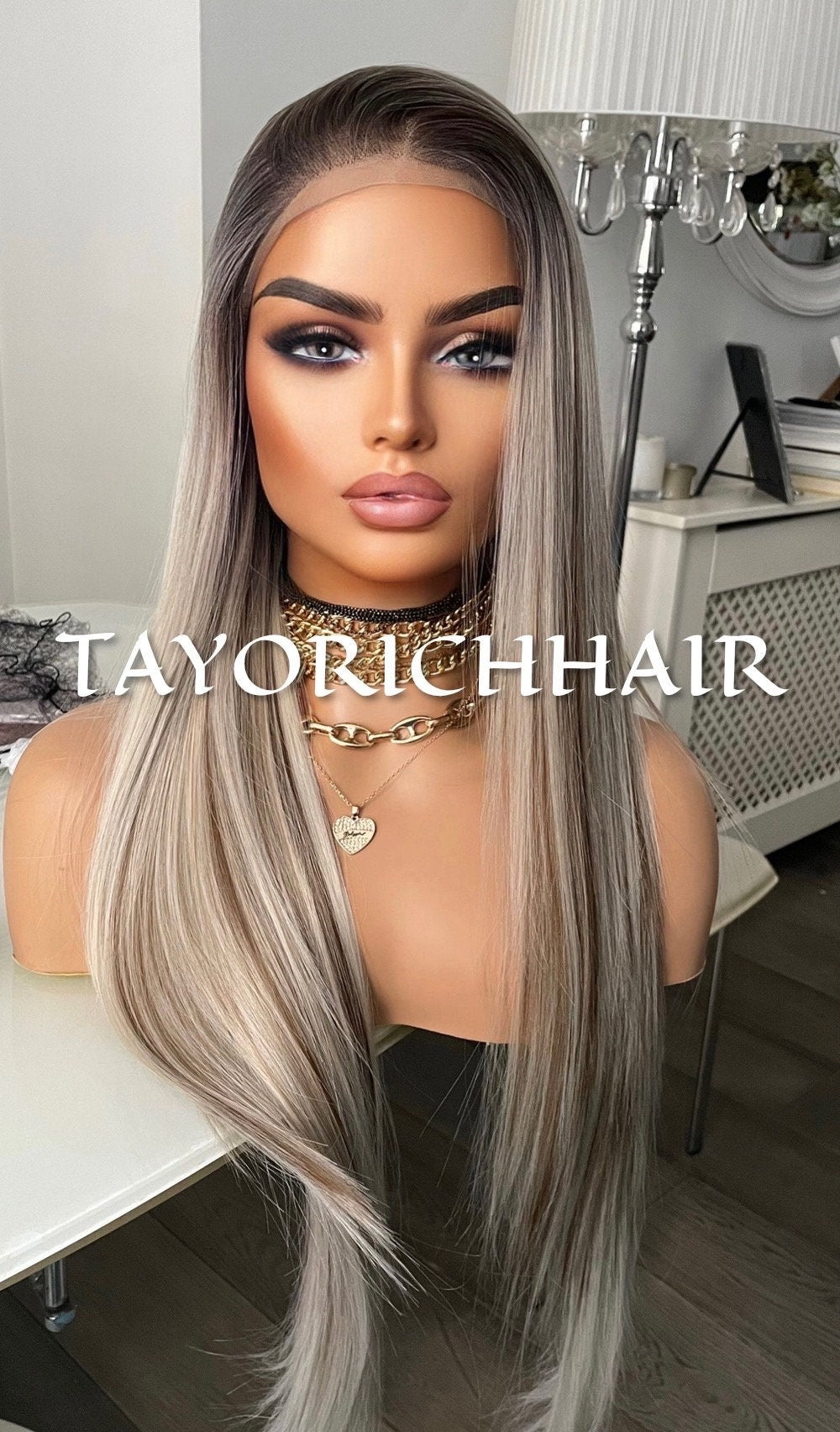 Rooted Platinum Blonde Synthetic Lace Front Wig With Lowlights/ 13x3 Long Straight Lace Wig For Women/Straight Synthetic Wigs