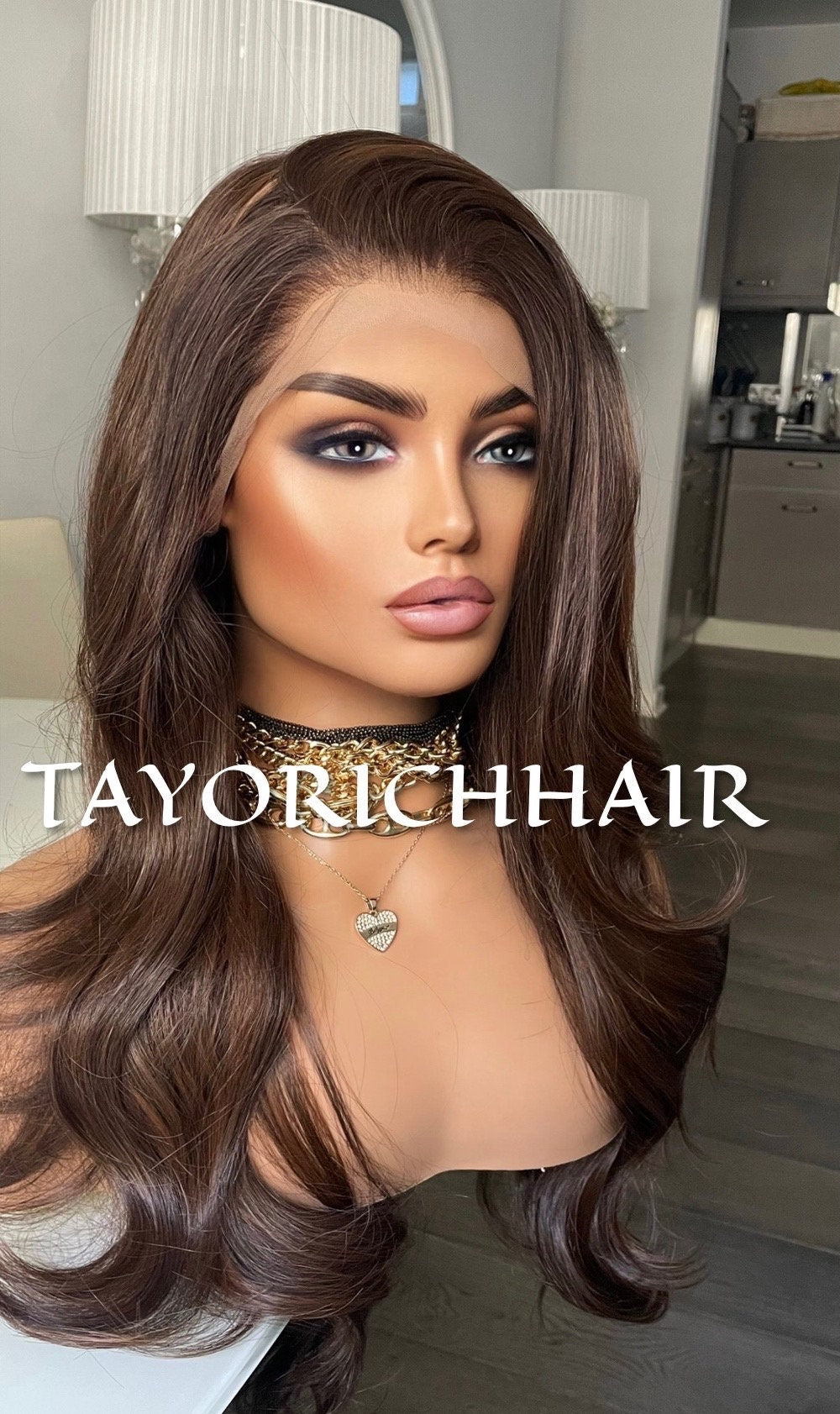 Brunette Brown Lace Wig With Highlights/Dark Brown Elegant Short Wavy Wig/Heat Friendly Synthetic Luxury Wigs For Women/ Free Part Wig