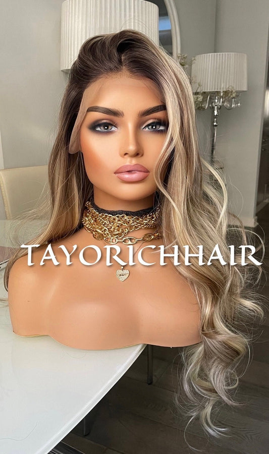 Mixed Blonde Synthetic Wig With Dark Root•Wavy Hair Lace Front Wig With 13x4 Lace•24 Inches Rooted Blonde Wig For Women•Middle Part Lace Wig