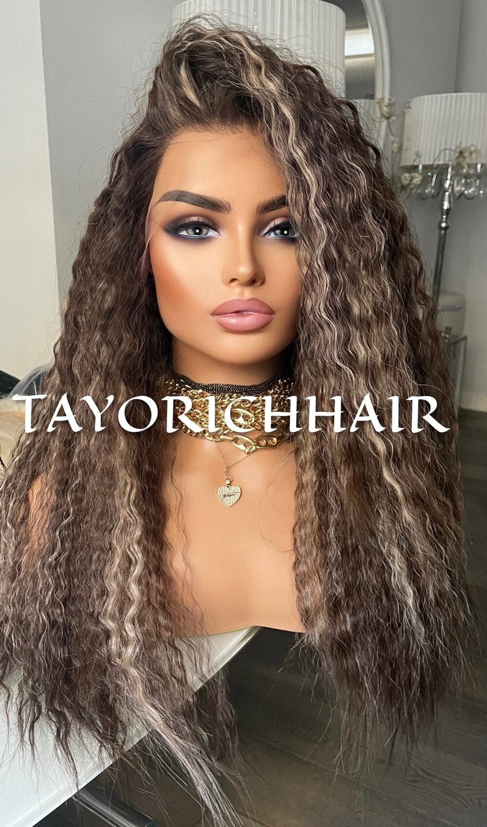 Dark Brown Synthetic Wig With BlondeHighlights/Synthetic Lace Front Wig Ready To Ship Wigs /Loose Curly Hair Wig Wigs/ Big Hair Wigs