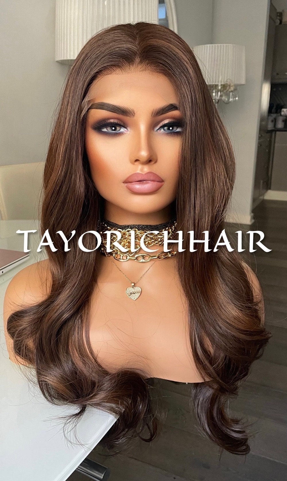 Brunette Brown Lace Wig With Highlights/Dark Brown Elegant Short Wavy Wig/Heat Friendly Synthetic Luxury Wigs For Women/ Free Part Wig