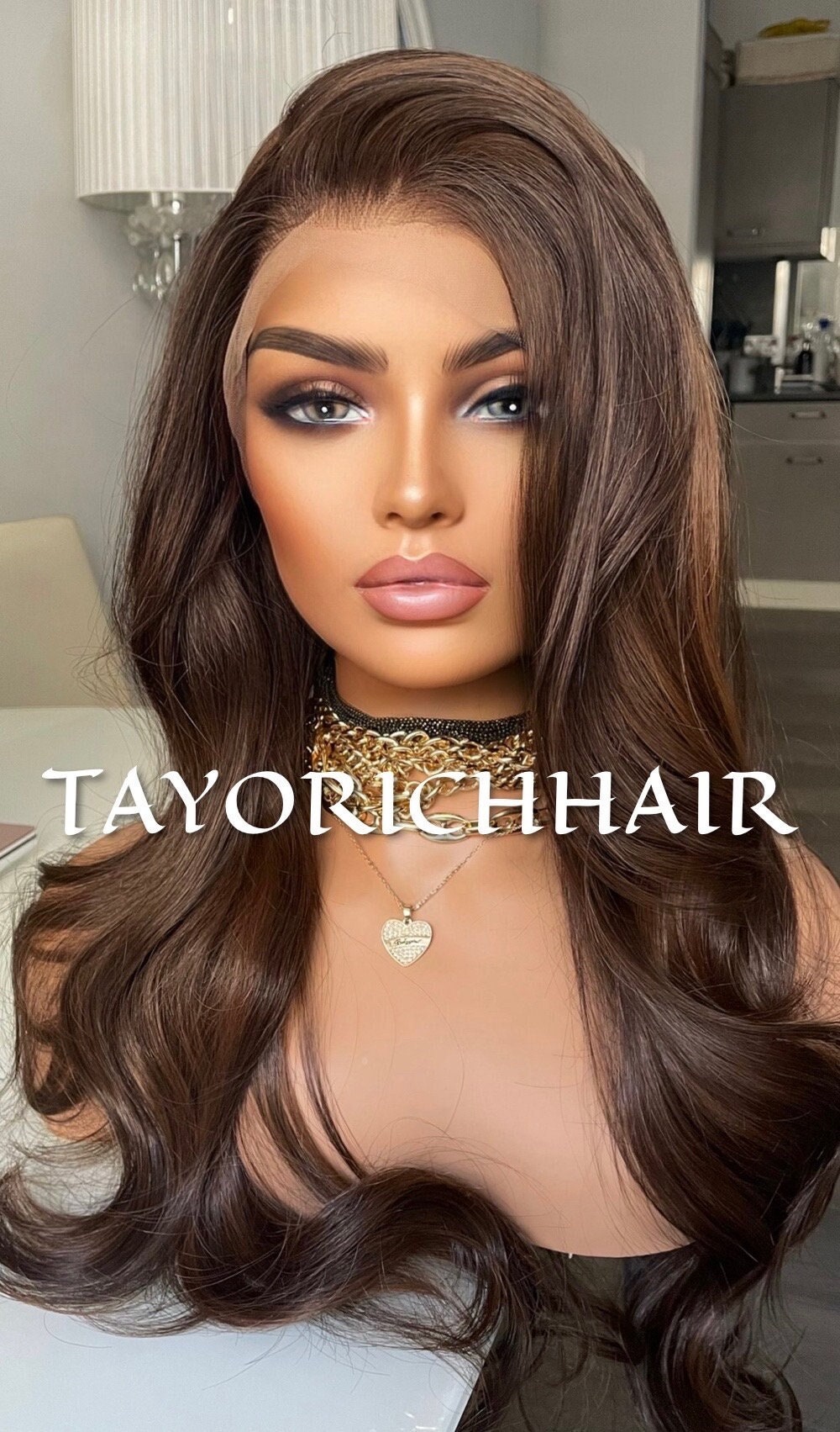 Brunette Brown Lace Wig With Highlights/Dark Brown Elegant Short Wavy Wig/Heat Friendly Synthetic Luxury Wigs For Women/ Free Part Wig