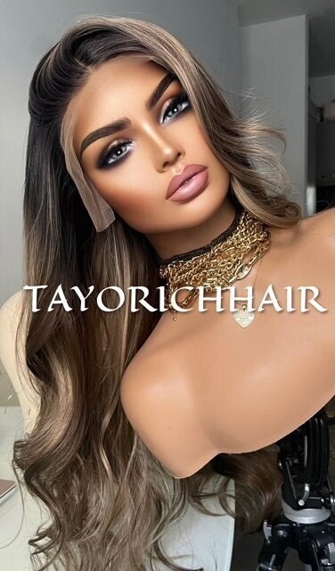 Money Piece Black And Ash Blonde Mix 13x4 Wide Lace Front Wig/Realistic Pre Plucked Hairline/ Layered 24 Inches Wig For Women/Synthetic Wigs