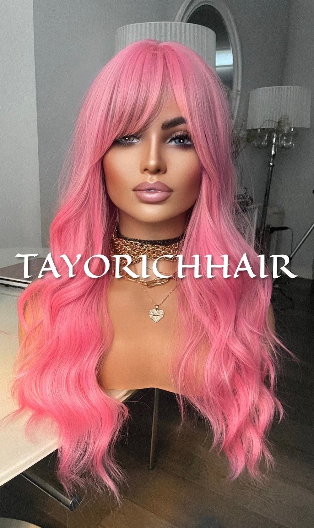 Bright Pink Wig With Bangs/ 18 Inches Wavy No Lace Glue Less Wig by TAYORICHHAIR/ Average Cap Size