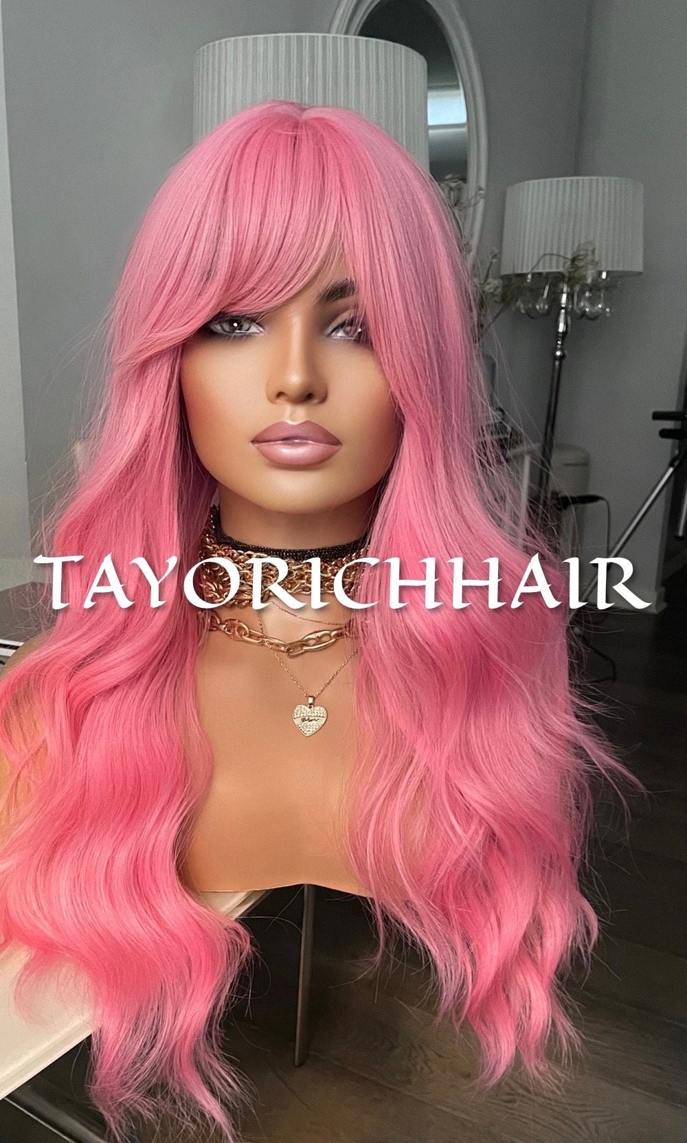 Bright Pink Wig With Bangs/ 18 Inches Wavy No Lace Glue Less Wig by TAYORICHHAIR/ Average Cap Size