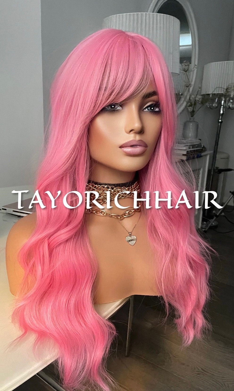 Bright Pink Wig With Bangs/ 18 Inches Wavy No Lace Glue Less Wig by TAYORICHHAIR/ Average Cap Size