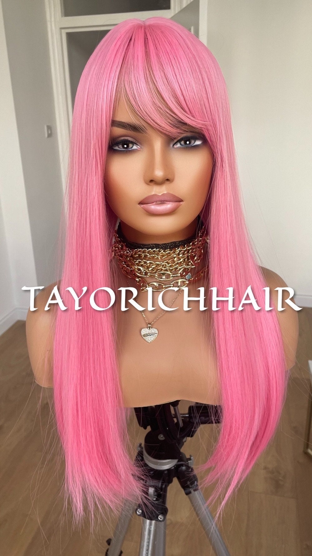 Bright Pink Straight Wig With Bangs/ 18 Inches Straight No Lace Glue Less Wig by TAYORICHHAIR/ Average Cap Size