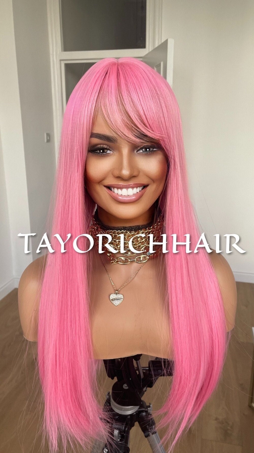 Bright Pink Straight Wig With Bangs/ 18 Inches Straight No Lace Glue Less Wig by TAYORICHHAIR/ Average Cap Size