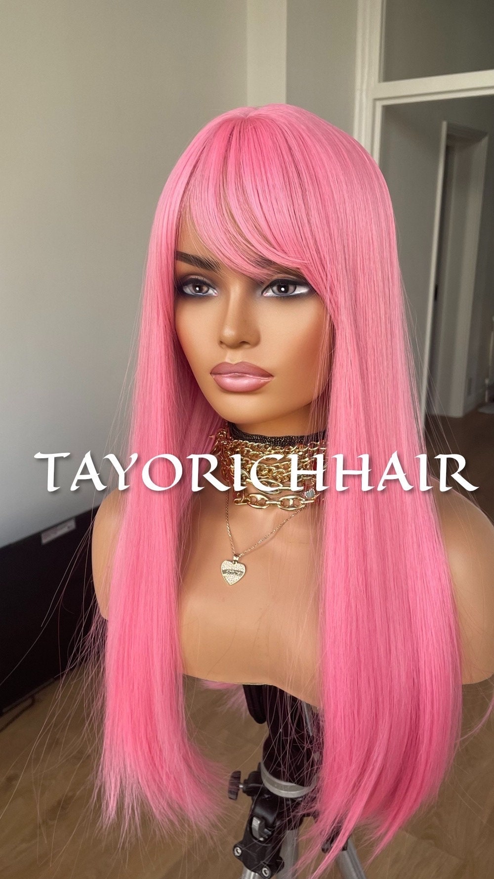 Bright Pink Straight Wig With Bangs/ 18 Inches Straight No Lace Glue Less Wig by TAYORICHHAIR/ Average Cap Size
