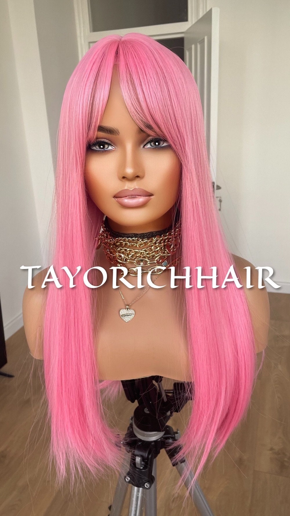 Bright Pink Straight Wig With Bangs/ 18 Inches Straight No Lace Glue Less Wig by TAYORICHHAIR/ Average Cap Size
