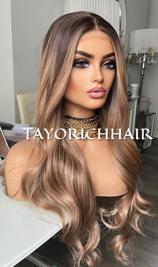 Honey Blonde Lace Front Wig / Heat Resistant Premium Synthetic Lace Front Wig/ Brown Blonde Mix Wig For Woman/ Long Wavy 24 Inches Wigs