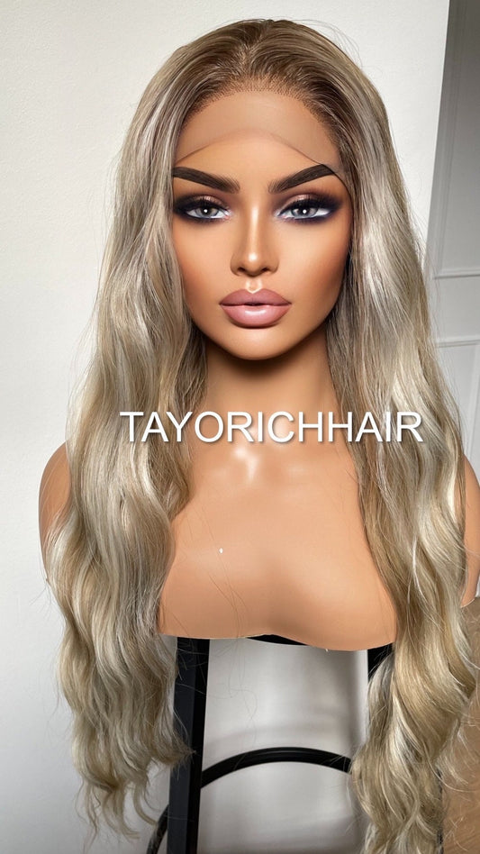 Mixed Ash And Platinum Blonde Synthetic Lace Front Wig/ Dark Roots/ Beach Waves Realistic Hairline Wig/ Natural Looking Wig For Women