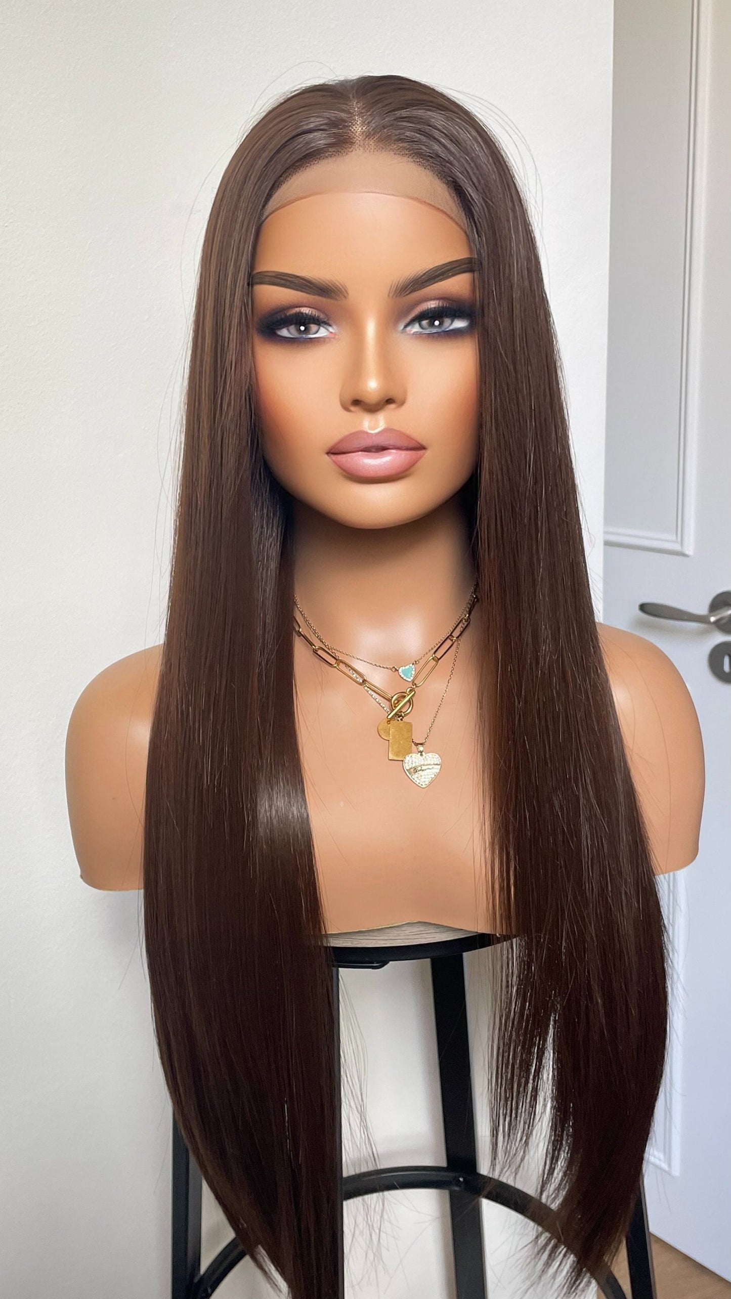 Dark Brunette Brown Lace Front Straight Wig For Women Natural Looking 13x3 Lace Front Wig With Realistic Hair Line Heat Friendly Synthetic