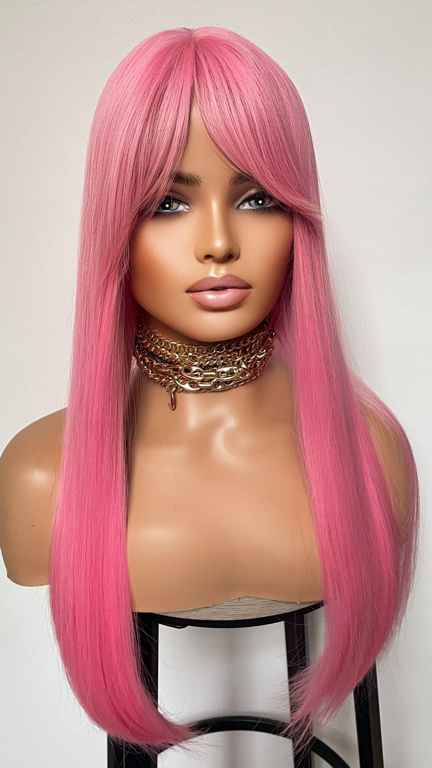 Bright Pink Straight Wig With Bangs/ 18 Inches Straight No Lace Glue Less Wig by TAYORICHHAIR/ Average Cap Size