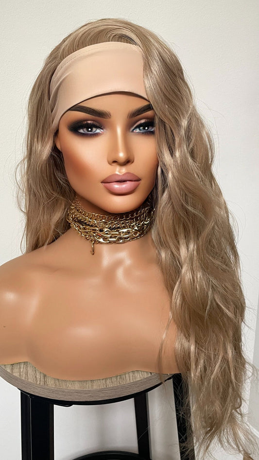 Ponytail Gym Wig With Band / Exercise Wig/ Workout Ash Blonde Wig With Head Band/Heat Safe Synthetic Curly Wig For Running And Daily Workout
