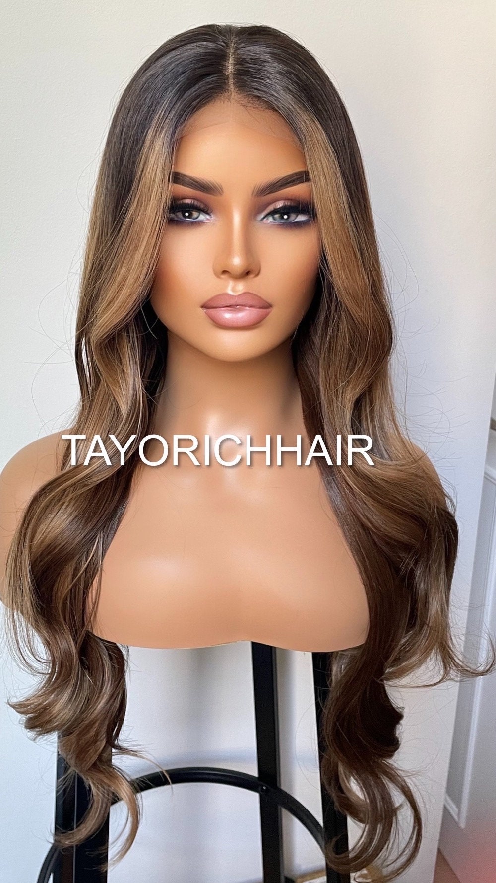 Heat Safe Synthetic Lace Front Wig With Black Roots and Bronzy Blonde Highlights/ 24 Inches Bouncy Wavy Wig For Women/ Realistic Lace Wig