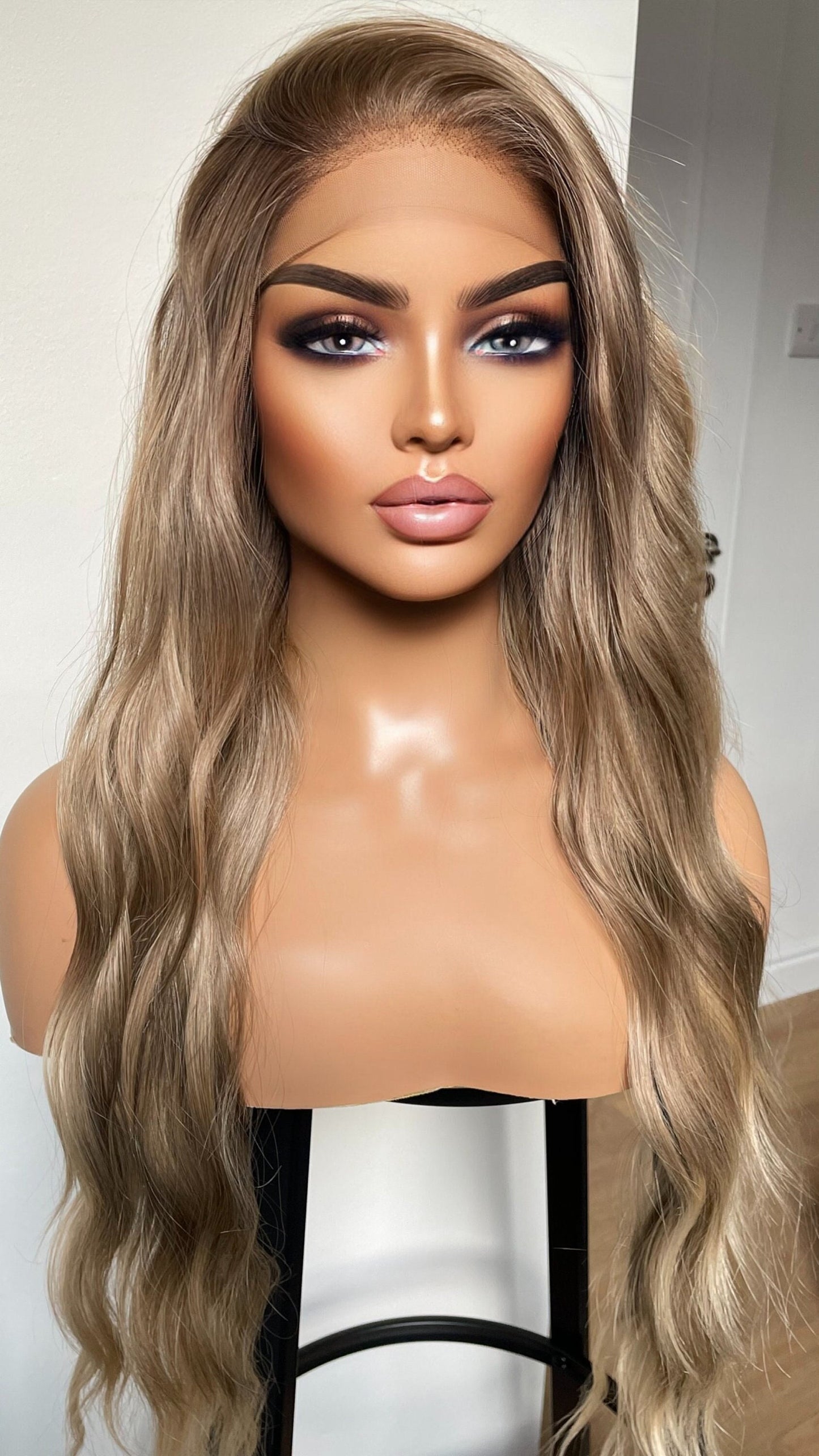 Ombre Dark Ash Blonde Lace Front Synthetic Wig/ Long Ash Ocean Wavy Lace Wig/ Heat Safe Synthetic Wig/ Daily Wear Wig For Ladies