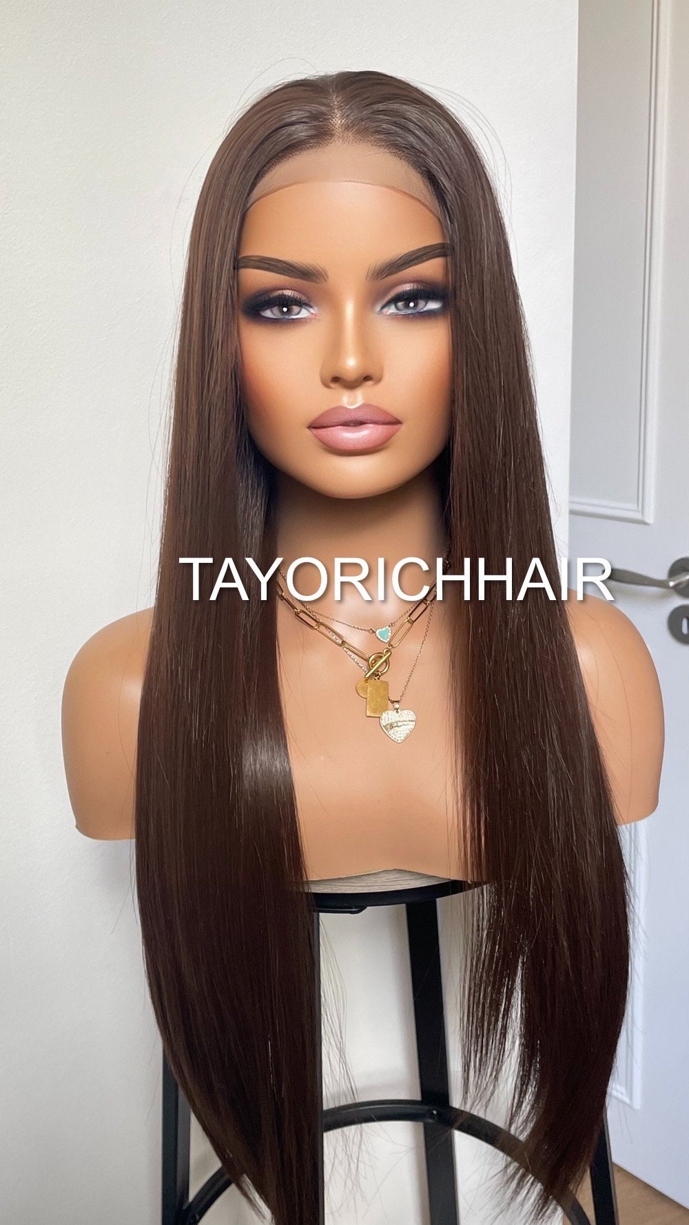 Dark Brunette Brown Lace Front Straight Wig For Women Natural Looking 13x3 Lace Front Wig With Realistic Hair Line Heat Friendly Synthetic