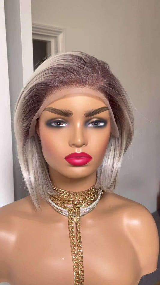 Salt and Pepper Short Bob Wig: Synthetic Lace Frontal, Brown Roots